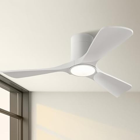 FUJIBONNY 42 inch Low Profile Ceiling Fan with Light and Remote Control, Memory Function Reversible DC Motor Flush Mount Ceiling Fans with Lights, Modern White Ceiling Fan for Indoor Outdoor Cover