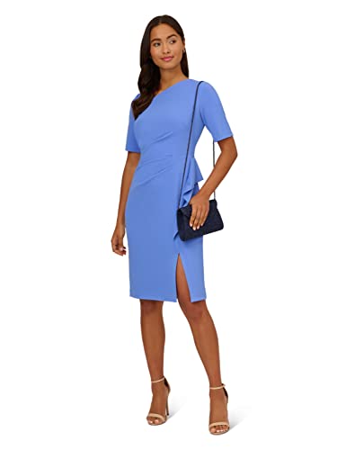 Image of Adrianna Papell Stretch Crepe Side Draped Sheath Dress with Asymmetrical Neckline