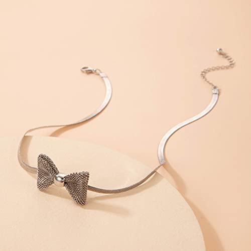 Sttiafay Silver Snake Chain Choker Necklace Hollow Bow Herringbone Necklace Short Clavicle Necklace Punk Choker Collar Jewelry Party Prom Accessories For Women Girls #TOP2