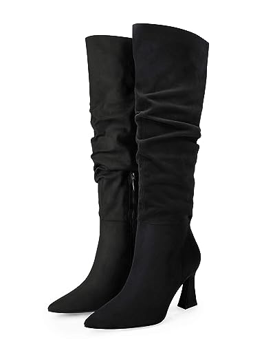 Image of Coutgo Women's Slouchy Knee High Boots Wide Calf Pointed Toe Side Zipper Chunky Heel Long Boots Winter Shoes