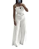 CHICME Women's Jumpsuit Beaded Spaghetti Strap Bowknot Ruched Slim Fit Cami Jumpsuits Elegant Overall White-M