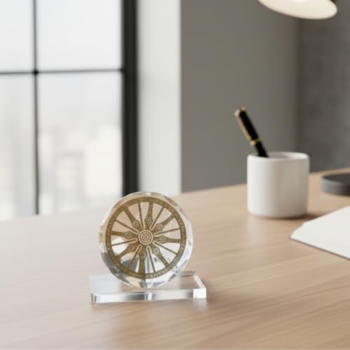 Image of Gold Plated Konark Sun Temple Wheel Handricrafted in Crystal Base Tabletop Showpiece Figurine