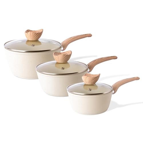 Nuovva Set de Casseroles Antiadhésives – Casserole à Induction avec Couvercle – Set de 3 Casseroles en Granit Crème – 16 cm, 18 cm, 20 cm – Par...