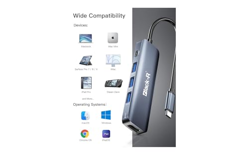 Image of Black-r USB C Hub Multiport Adapter 5-in-1 USB C Adapter Aluminum Shell with Rj45 LAN Ethernet and 4K HDMI Port, 100W PD, 2 USB 3.0 Ports Hub for MacBook Pro /Air M1 /M2 /M3, iPad Pro, Surface Pro, XPS
