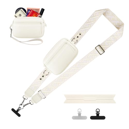 Image of YFWE Clip and Go Strap for Phone with Wallet Crossbody, Adjustable Phone Lanyard with Detachable RFID Wristlet Wallet, Pattern Strap, Cream (M)