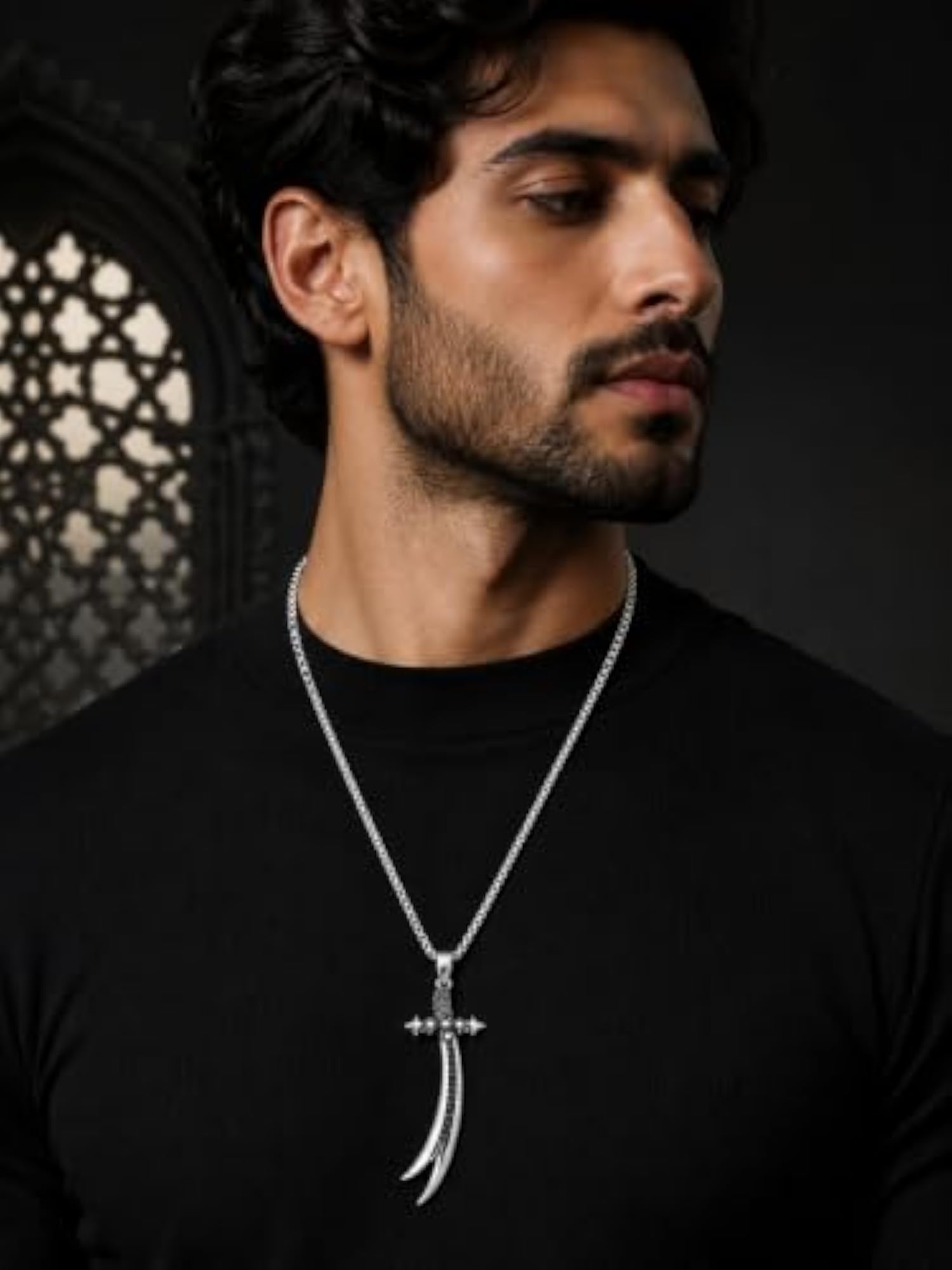 Men's Gothic Silver Tone Sword Pendant Necklace