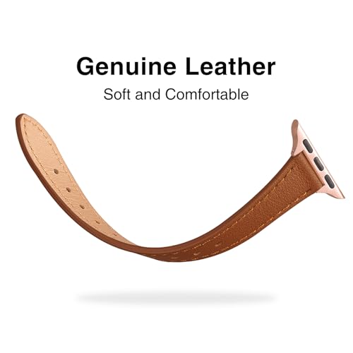 Image of STIROLL Slim Leather Bands Compatible with Apple Watch Band 38mm 40mm 41mm 42mm(Series 11 10), Top Grain Leather Watch Thin Wristband for iWatch SE 9 8 7 6 5 4 3 2 1 (Brown Rose Gold)