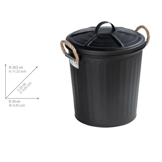 WENKO Poubelle Salle De Bain Gara 6L - Petite Poubelle Vintage En Acier Avec Couvercle Et Poignées, Noir