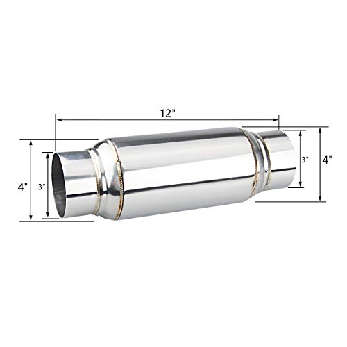 Image of LCGP 3 inch Inlet Universal Resonator, 3 inch Outlet 12 inch Overall Length Stainless Steel Performance Muffler, Polished, Straight Through Design, Deep Tone