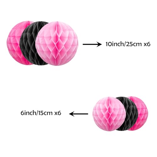 Image of ZOOYOO 12Pcs 6 inch 10 inch Honeycomb Balls Decorations Hanging Tissue Paper Pom Poms for Girls Birthday Party Halloween Wedding Decorations(Pink Black)