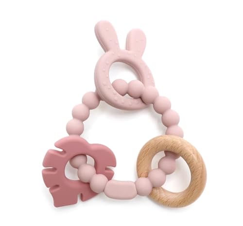 Image of | Bohemian Teether | Baby Teether | Sensory Exploration and Teething Relief | 100% Food-Grade Silicone Teether Toy | BPA Free | Chewbeads | Silicone with Beechwood Ring | (Pink)