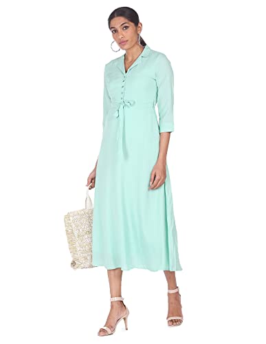 Image of SHFFL Polyester Women Turquoise Notch Lapel Collar Solid Shirt Dress Below The Knee Dresses