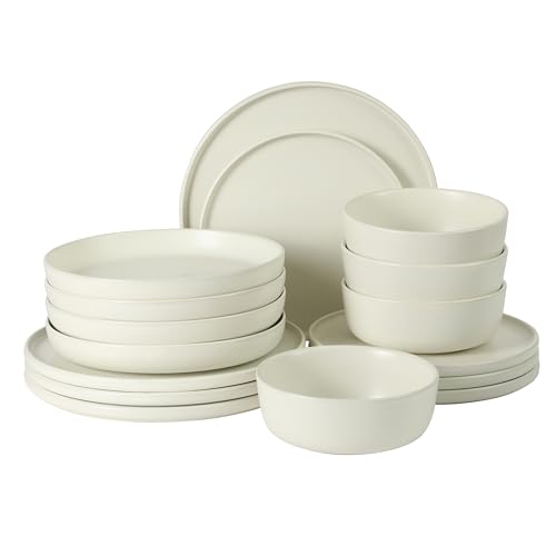 Image of Gibson Elite Bayou Moon Plates and Bowls Sets, 16-Piece White Matte Stoneware Dinnerware Sets, Solid Color Reactive Glaze Dish Set