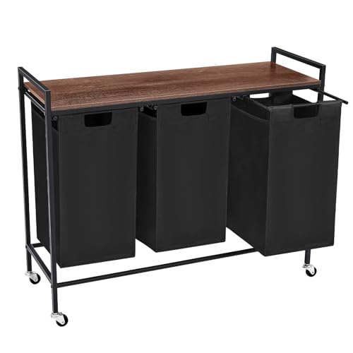 Laundry Sorter 3 Section, Rolling Laundry Hamper with Shelf, 3 Compartment Laundry Basket with Lid, Organizer Rustic Wooden Top