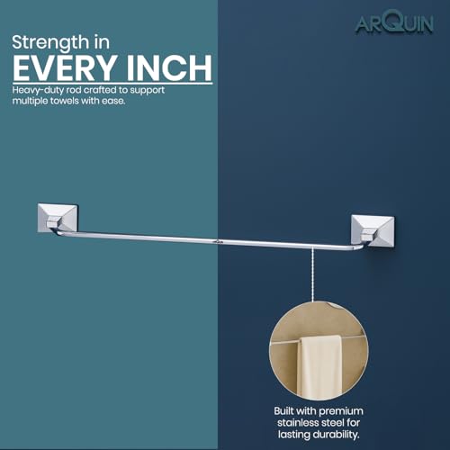 Image of ARQUIN ARQUIN Round 304 Stainless Steel 24 Inch Towel Rod | Towel Rack for Bathroom | Towel Bar Hanger Stand | Bathroom Accessories Set | Silver with Chrome Finish | 15 kg Load Capacity Vento