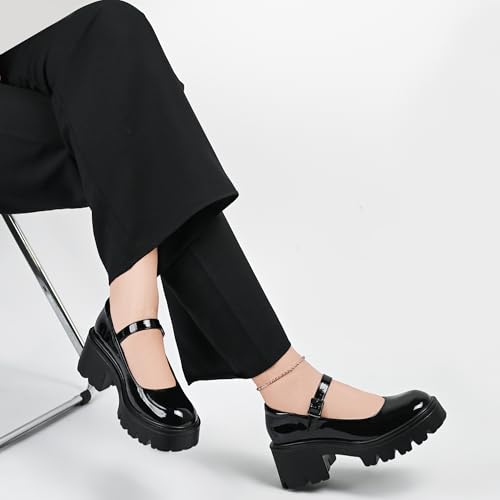 Women's Mary Jane Shoes - Platform Mary Janes for Women, Black Leather Round Toe Chunky Dress Shoes with Adjustable Ankle Strap3