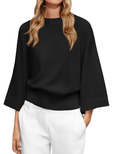 Saodimallsu Womens Crew Neck Batwing Sweaters 3/4 Sleeve Soft Knit Dressy Casual Loose Fit Fall Sweater Tops
