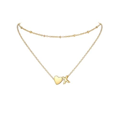 PROSTEEL 14K Gold Plated A-Z Initial Heart Layered Necklace for Women | Non-Tarnish Stainless Steel, Dainty Alphabet Letter Charm Pendant Choker, Personalized Jewelry Gold X
