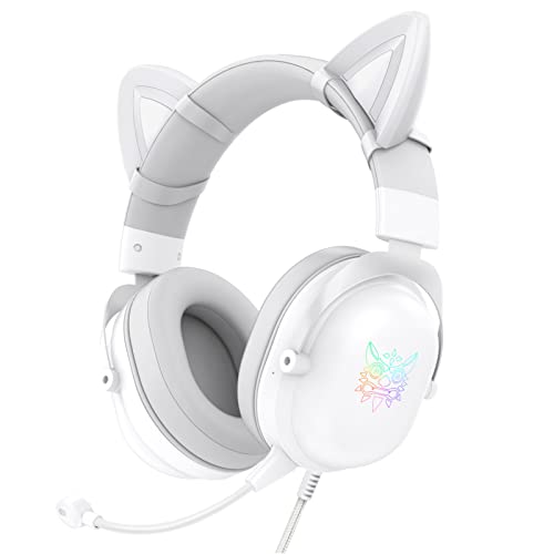 AJIJAR Auriculares para juegos con orejas de gato extraíbles, compatibles con teléfonos móviles de PC, tableta, PS5 PS4 Xbox One (adaptador no incluido), 3.5 mm y enchufe USB C, color blanco Cover