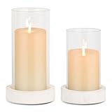 Ronasip Set of 2 Hurricane Candle Holders with Wood Base & Glass Cylinder (4.2x5.9” & 4.6x7.8”) – Rustic Wooden Candle Holders for Home Decor, Weddings, Table Centerpieces