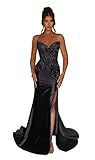 Strapless Lace Applique Prom Dresses Satin Long Ball Gown Sparkly Sequin Mermaid Bridesmaid Dresses for Wedding Formal Evening Dress with Slit Black Us14