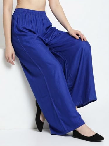 Image of FASHION GALLERY Women's Solid Rayon Palazzo Pants | Relaxed Fit Full Length Wide Leg Palazzo | Elastic Waist Comfortable Casual Lounge Office Ethnic Flared Trousers for Women