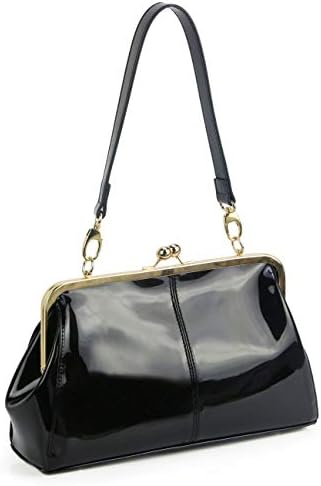 Vintage Kiss Lock Handbags Shiny Patent Leather Evening Shoulder Tote Bags with Chain Strap (Black) Medium