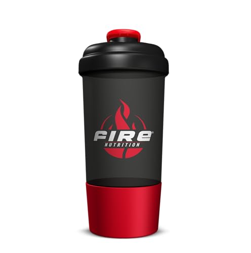 Fire Nutrition Shaker Premium, Botella Mezcladora Deportiva Con Compartimento, 500 ml, Negro y Rojo, Apto para Microondas, Resistencia Extrema
