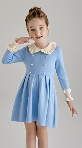 SMILING PINKER Girls Dresses Ruffle Peter Pan Collar Sweater Long Sleeve Knit Pleated Dress2