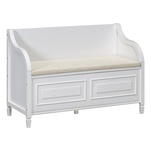 Knocbel Rustic Entry Storage Bench with Hidden Compartments and Removable Cushion, Wooden Entryway Hallway Foyer Shoe Bench Bedroom End of Bed Bench (White and Beige)