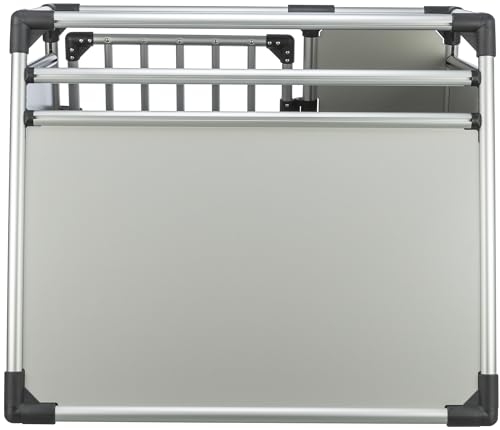 TRIXIE Hunde-Transportbox Aluminium in silber – L: 93 × 64 × 74 cm, stabile und geräuscharme Hundebox mit abgeschrägten Seiten, Sicherheitsverschluss & rutschfester Liegematte – 39344
