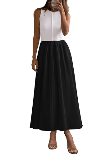 Image of PRETTYGARDEN Maxi Dresses for Women 2026 Summer Casual Sleeveless Patchwork Flowy Vacation Sundress Knit Long Work Tank Dress