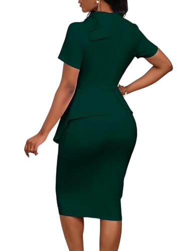 Image of WanMem Women Formal Bodycon Peplum Cocktail Dress Short Sleeve Bow Ruffle Pencil Party Midi Dresses