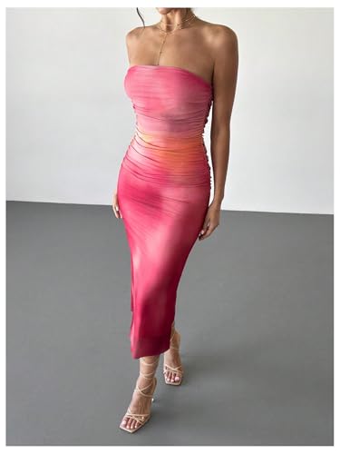 Image of MakeMeChic Women's Strapless Maxi Dress Cocktail Mesh Ombre Bodycon Tube Dresses