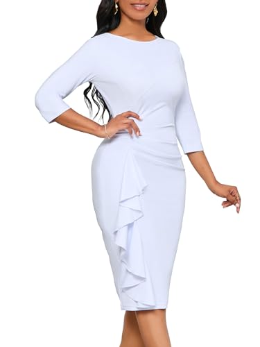 Church Dresses for Women 3/4 Sleeve Ruffle Vintage Bodycon Cocktail Work Midi Pencil Dress3