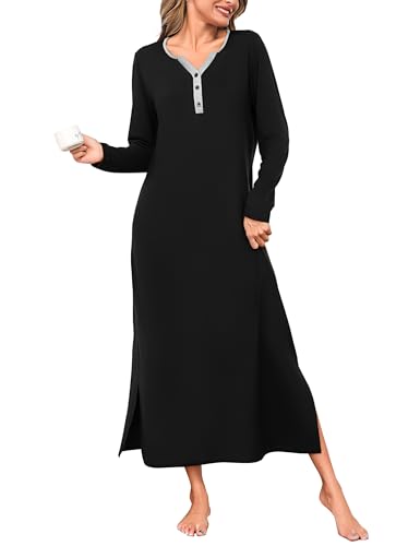 Bresdk Nachthemd Damen Langarm Baumwolle Nachtwäsche Für Damen Lang Winter Schlafkleid Oversize Knopfleiste V-Ausschnitt Einfarbig Schlafshirt...
