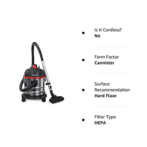 AGARO Ace 1600 Watts, 21.5 kPa Suction Power, 21 litres Wet & Dry Stainless Steel Vacuum Cleaner with Blower Function and Washable Dust Bag AGARO Ace 1600 Watts, 21.5 kPa Suction Power, 21 litres Wet & Dry Stainless Steel Vacuum Cleaner with Blower Function and Washable Dust Bag
