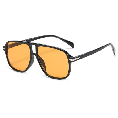 Long Keeper Gafas de Sol Piloto Retro Gafas de Sol Hombre Mujer Gafas de Piloto Cuadradas Vintage Años 70 Protección UV400 para Conducir Viaje, 56MM (Negro Montura - Lente Naranja)