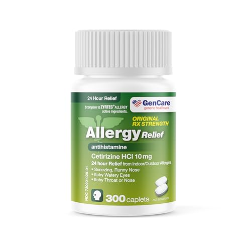 GenCare - Cetirizine HCL 10 mg (300 Caplets) - 24 Hour Allergy Relief Pills - Non Drowsy Generic OTC Allergy Medication - Antihistamine Medicine for Sneezing