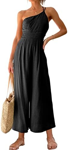 ANRABESS Women's Linen One Shoulder Wide Leg Jumpsuits