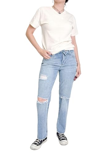 FIVESTAR GENERAL Women’s Juniors 5-Pocket Ripped Distressed Denim Straight Leg Jean, Low Rise with Foldover Waistband