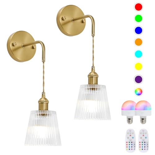 zhkung Juego de 2 apliques de pared vintage que funcionan con pilas, lámparas de pared LED recargables con pantalla de cristal de rayas transparentes, lámpara de pared con control remoto 12 RGB