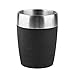 Emsa Travel Mug Taza térmica, Mantiene la Temperatura, Acero Inoxidable con Base Antideslizante y Zona de Agarre de Silicona con Letras grabadas, Negro, 0.2 L