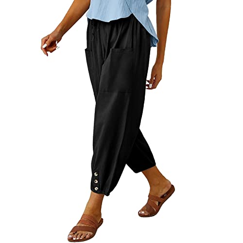 Ecokauer Women's High Waist Drawstring Capri Pants Loose Wide Leg Cropped Lounge Trousers with Pocket