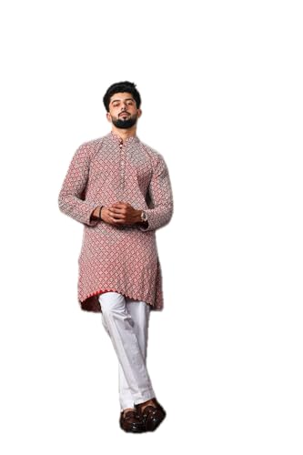 Image of LookMark Men's Printed Silk Blend Kurta with Mandarin Collar, Full Sleeves, Straight Fit Traditional Ethnic Wear