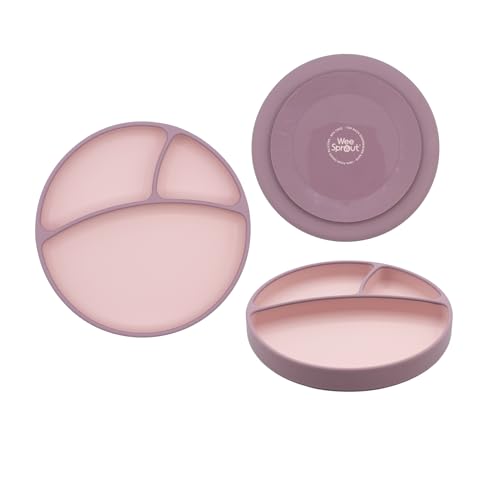 Image of WeeSprout Silicone Suction Plate - Two-Tone Baby Plate with Suction Cup - Sectioned Divided Dish for Kids, Infants, Toddlers - Food-Grade Silicone Dinnerware (Matte Pink/Matte Purple)
