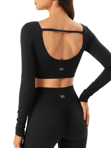 INNO MINT Long Sleeve Crop Tops for Women Backless Top with Removable Straps T Shirt for Going Out Workout Casual Wear
