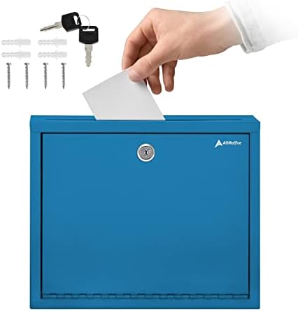 AdirOffice Multi Purpose Mail Box with Lock - Heavy Duty Drop Box - Commercial Suggestion Box -Wall Mountable Safe and Secure Ballot Box - 3" x 10" x 12" - Blue