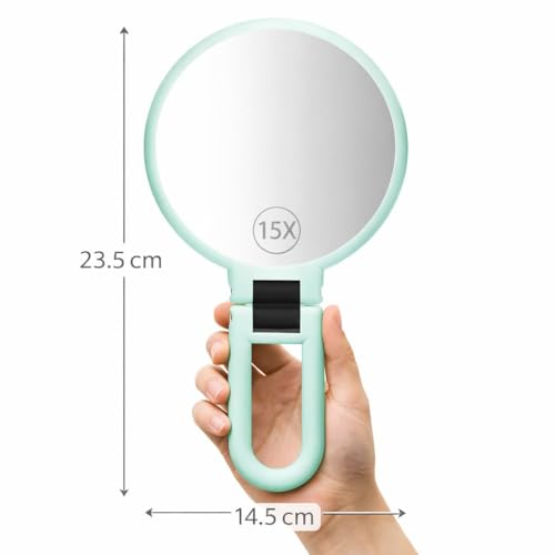 Image of 15X Magnification Double-Sided Folding Handheld Makeup Mirror, 1X /15X, Round, Portable Travel Mirror, 23x13.5x2 cm (Blue)