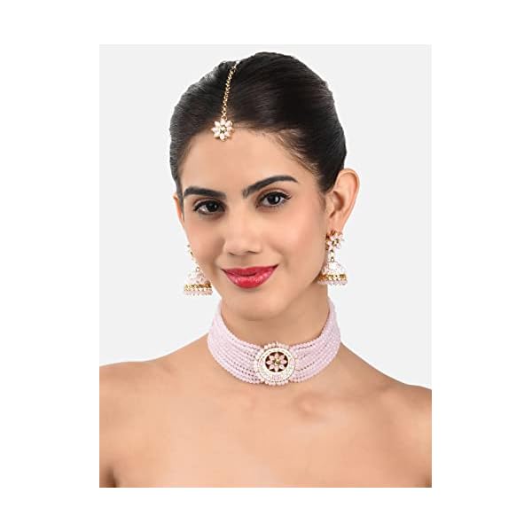 ZAVERI PEARLS Pink Meenakari Crystal Beads Multistrand Necklace Earring & Maangtikka Set For Women-ZPFK10274 - Image 8